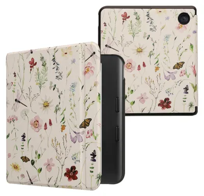 Produktbild von kwmobile Schutzhülle für Kobo Kobo Libra Colour / Tolino Vision Color Hülle - eReader Flip Case mit Auto Sleep Funktion - Gänseblümchenfarne mit Weiß