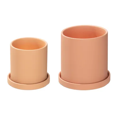 Produktbild von Navaris Keramik Blumentopf Set S + M - Übertopf mit Untersetzer Set - 2er Set Blumentöpfe in S & L - Keramik Topf Set groß und klein - Rot