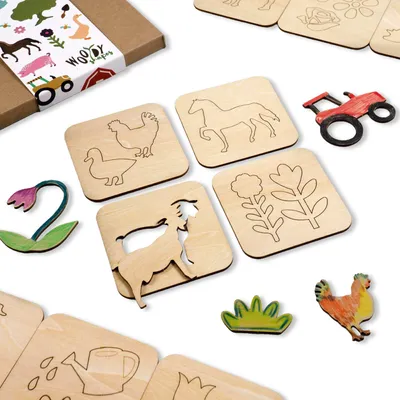 Produktbild von Holzschablonen zum Zeichnen für Kinder, Set mit 20 Stück 9,5x9,5cm Bauernhof Tiere, Montessori Lernspielzeug Vorlagen Kreative