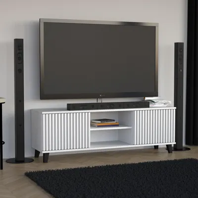 Produktbild von BEAUTYSOFA TV-Schrank HOME 150 cm Weiß – Modernes TV-Board mit 2 Lamellentüren, offenen Fächern, Lowboard für Wohnzimmer, Push-to-Open, Fernsehtisch