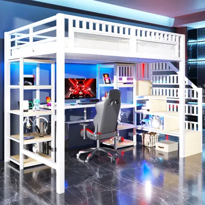 Produktbild von Flieks Etagenbett 140x200cm mit Schreibtisch und Regal, Hochbett mit Treppe, Jugendbett mit Led und Lattenrost, Kinderbett Metallbett Weiß