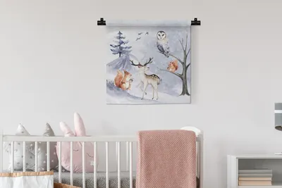 Produktbild von MuchoWow® Wandteppich Wandbehang Winter - Hirsch - Eichhörnchen - Baum 60x60 cm Tapisserie Dekoration Wandtuch - Dekorationen - Wand Decke
