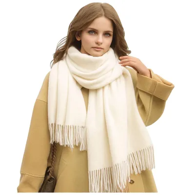 Produktbild von Oversize Damen Winter Schal – 100% Viskose, Woll Weiß, 200cm x 68 cm – Kuschelig weich