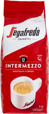 A bag of Segafredo Intermezzo coffee beans with a cup of coffee shown.