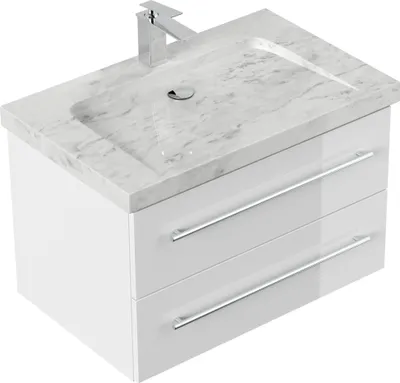 Produktbild von Badmöbel Marmor Carrara White Damo 75 cm 1 Hahnloch SoftClose weiß hochglanz : Weiss hochglanz Varianten: Weiss hochglanz