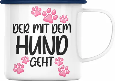 Produktbild von Trendation - Der Mit dem Hund Geht Emaille Tasse Hundebesitzer Geschenkidee Hunde Emaille Tasse Becher mit Spruch Lustig (Blau)