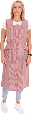 Produktbild von Knopfkittel Baumwolle gestreift Kochschürze Hauskleid Kittel Schürze Gürtel, Farbe:rot, Größe:50