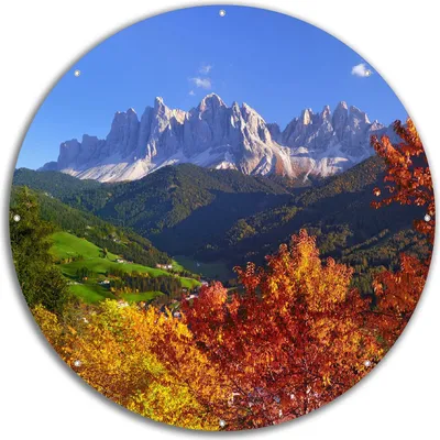 Produktbild von Wallario rundes Outdoor-Poster für Garten oder Balkon, Motiv Herbst im Gebirgstal unter blauem Himmel, 60 cm Durchmesser