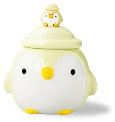 Image de Tasse en céramique en forme de pingouin 3D, avec couvercle et cuillère, capacité de 400 ml, couleur jaune