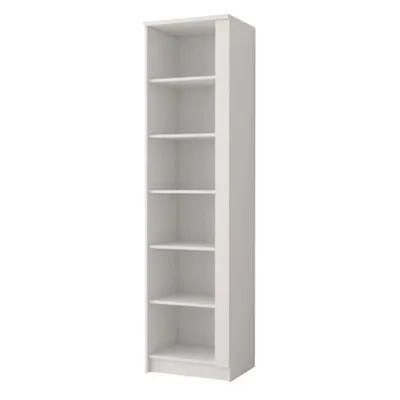 A tall, narrow, white bookshelf with six shelves.