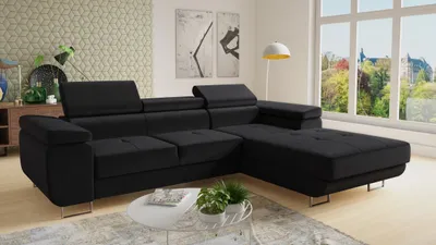 Produktbild von Ecksofa Divo mit einstellbare Kopfstützen und Schlaffunktion, Couchgarnitur, Sofagarnitur, Couch, Schlafsofa (Schwarz (Kronos 07), Ecksofa Rechts)