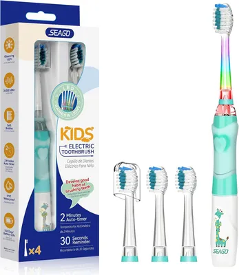 Produktbild von Elektrische Kinderzahnbürste 3-12 Jahre LED Licht Smart Timer 24000 VPM IPX7 Schallzahnbürste mit 4 Bürstenköpfen weiche Borsten Batteriebetrieb