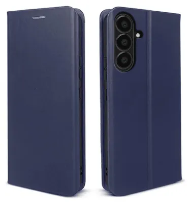 Two views of a dark blue flip cover phone case, one showing the front and the other showing the back with the camera cutout.