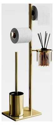 Produktbild von Stehender Klopapierhalter aus Edelstahl mit Klobürste - Toilettenpapierhalter in Gold mit WC-Bürste und Eckenkorb