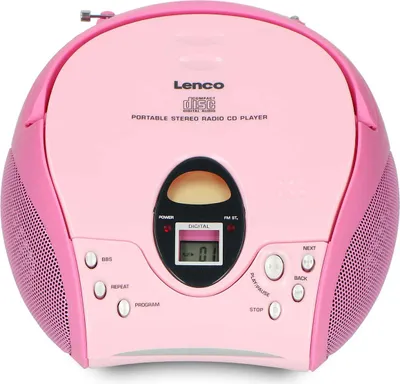 A pink Lenco portable stereo radio CD player is shown against a white background.