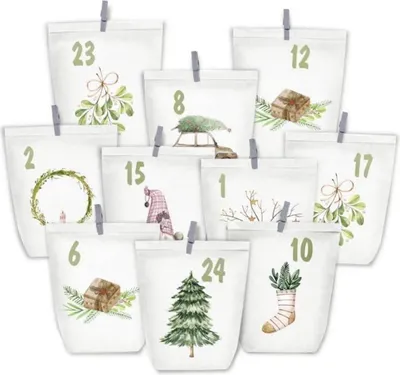 Image de Calendrier de l'Avent en papier kraft avec autocollants, 24 sachets de Noël Blanc+Aquarelle