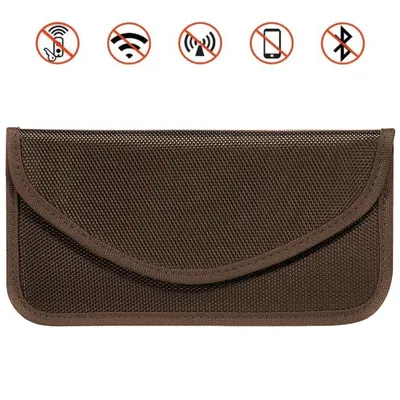 A brown Faraday pouch with several icons above it indicating signal blocking.
