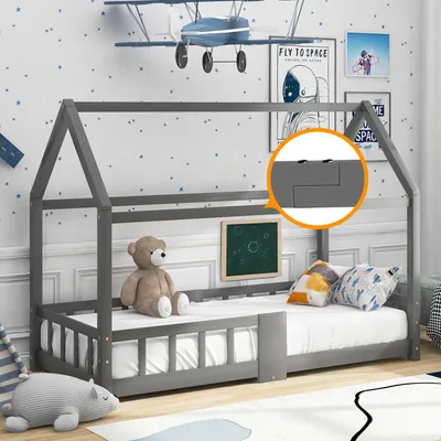 Produktbild von Hausbett für Kinder 90x200 cm aus Kiefernholz, mit Tafel und Rausfallschutz, inkl. Lattenrost, stabiles Holzbett für Kinderzimmer,ohne Matratze,Grau