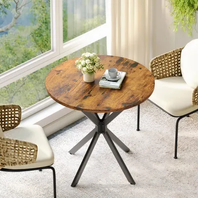 Image de Table à manger ronde de style industriel avec pieds en X, en bois massif, 80 x 80 x 75 cm, marron / noir