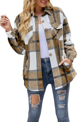 Obrázek produktu pro ASKSA Dámská kostkovaná košilová bunda s dlouhým rukávem a halenkou na knoflíky, khaki, XL