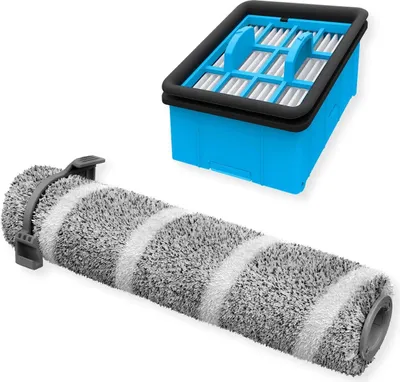A vacuum cleaner brush roll and filter are shown against a white background.