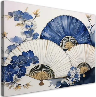 Produktbild von Leinwandbild Japanische Fächer Blau 100x70 Feeby Blau bild für die wand bereit zum aufhängen