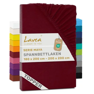 Zdjęcie produktu dla Lavea® Prześcieradło na materac z dodatkową warstwą, 180x200 cm - 200x200 cm, Maya, 100% bawełna dżersej – Miękkie prześcieradło na materac z dodatkową warstwą, do 10 cm – Kolor bordo