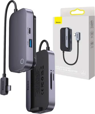 A product image showing a dark gray USB-C hub adapter and its packaging.