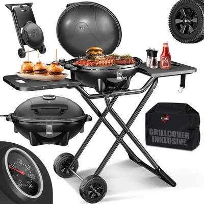 Produktbild von KESSER® elektrischer Elektrogrill 2in1 Tischgrill - Standgrill mit Deckel und Standfuß | max. 2400 Watt | Faltbar | Thermometer | Antihaftbeschichtung | Grillplatte Abstelltische | 2 Räder |