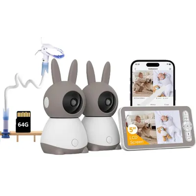 Obrázek produktu pro Dětská chůvička se 2 kamerami a APP 2K/5,0" WLAN chůvička s rozdělenou obrazovkou PTZ 360° 4× zoom IR noční vidění Automatické sledování s držákem a 64G