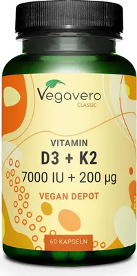 Produktbild von Vegavero Vitamin D3 + K2 Depot | 60 Kapseln | 7.000 IU Vitamin D3 | 200 mcg Vitamin K2 | Jahresvorrat | vegan