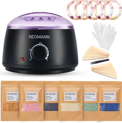 Immagine prodotto di NEOMANN Waxer II Deluxe Waxing Kit - Macchina per la cera con rivestimento in teflon, 600 g di perline, 30 spatole, pinzette, guanti, 5 anelli di carta scaldacera