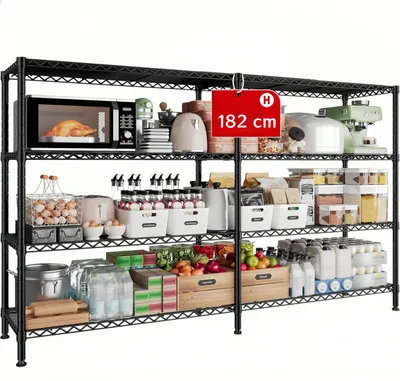 A black metal shelving unit filled with various kitchen items and food products, presented against a white background.