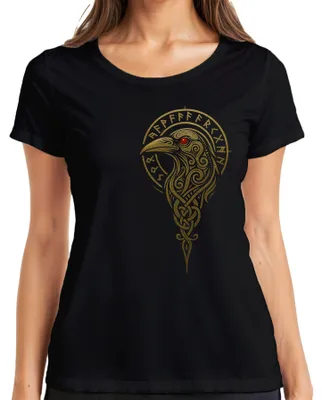 Obrázok produktu pre Dámske tričko Viking Raven Runes Celtic Knot Nordic Mythology Gold, čierne, XL