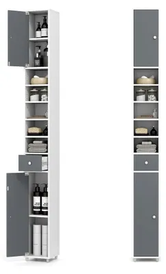 Produktbild von Hochschrank für das Badezimmer, 180 cm mit 2 Türen, 1 Schublade und verstellbaren Regalen, platzsparender Holzschrank für Badezimmer, Wohnzimmer, Küche, 20 x 20 x 180 cm (Weiß + Grau)