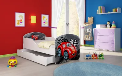 Produktbild von ACMA I Jugendbett Kinderbett Junior-Bett Komplett-Set mit Matratze Lattenrost Weiß 04 Rote Auto 140x70 + Bettkasten