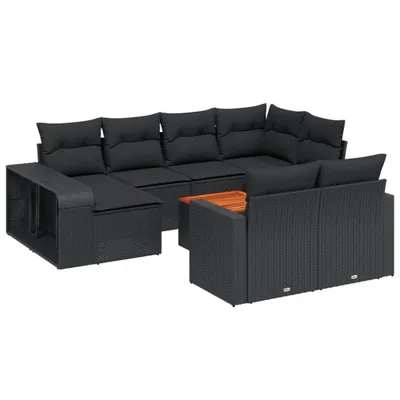 Produktbild von 11-tlg. Garten-Sofagarnitur, modular, Poly Rattan & Akazienholz, mit Kissen, UV-beständig, Schwarz