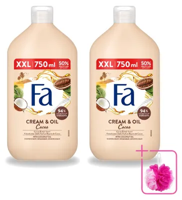 Imagen del producto de 2 unidades de gel de ducha y baño "Fa Cream & Oil Cacao", con manteca de cacao y aceite de coco, 750 ml - Paquete económico - 2 unidades