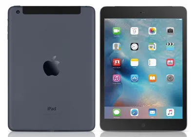 A product shot of an Apple iPad mini, showing both the front and back.