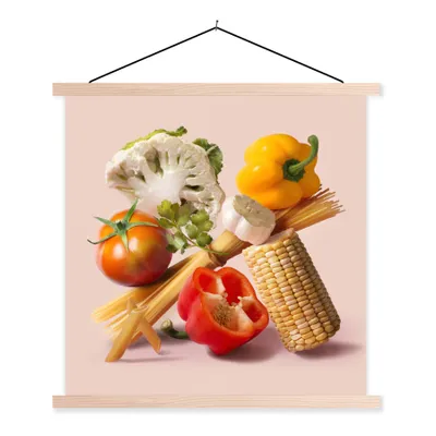 Produktbild von MuchoWow® Textilposter Gemüse - Nudeln - Stilleben 40x40 cm mit holzfarbenen Rahmen - Posterleiste