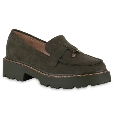 Produktbild von VAN HILL Damen Plateauschuhe Slippers Strass Profil-Sohle Schuhe 840998, Farbe: Olivgrün, Größe: 36