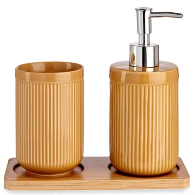 Produktbild von Badaccessoires-Set mit Bambusablage, Seifenspender + Zahnputzbecher