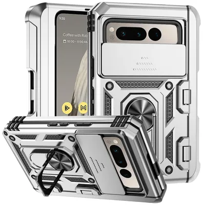 Immagine prodotto di Custodia per Google Pixel Fold a doppio strato con copertura scorrevole della fotocamera e supporto ad anello Argento