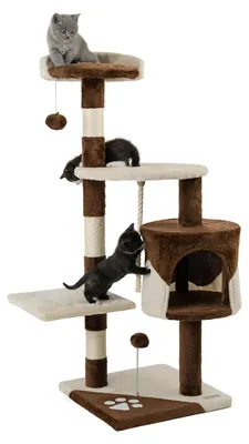 Productafbeelding van Kartonnen kraboom voor katten, 112 cm hoog, met hol, sisal touw, pluchen ballen en wandmontage. Compacte klimboom, bruin/beige