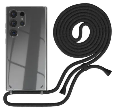 A clear phone case with a black lanyard is shown against a white background.