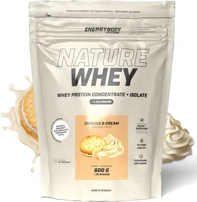 Immagine prodotto di Energybody Nature Whey Cookies & Cream, proteine in polvere senza addensanti artificiali, isolato e concentrato di siero di latte, confezione da 600 g