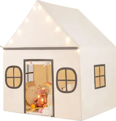 Produktbild von GOPLUS Kinderspielzelt, 2 in 1 Kinderzelt Indoor mit weicher Matte und Sternlichtern, Kinder Spielhaus mit Fenstern, Khaki