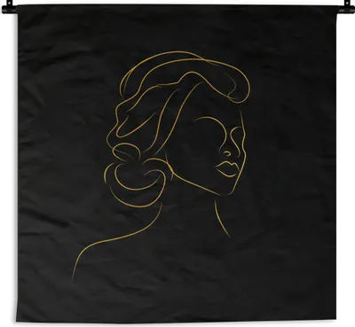 Produktbild von MuchoWow® Wandteppich Wandbehang Frau - Schwarz - Gold - Strichzeichnung 150x150 cm Tapisserie Dekoration Wandtuch - Wohnaccessoires - Modernes