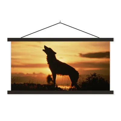 Produktbild von MuchoWow® Textilposter Wolf - Sonne - Scherenschnitt 150x75 cm mit schwarzem Rahmen - Posterleiste