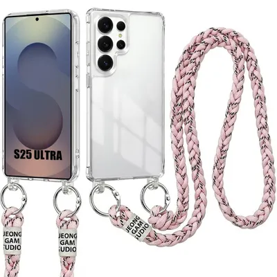 Image de Coque pour Samsung Galaxy S25 Ultra, Protection Antichoc Rigide Transparent avec Cordon Rose